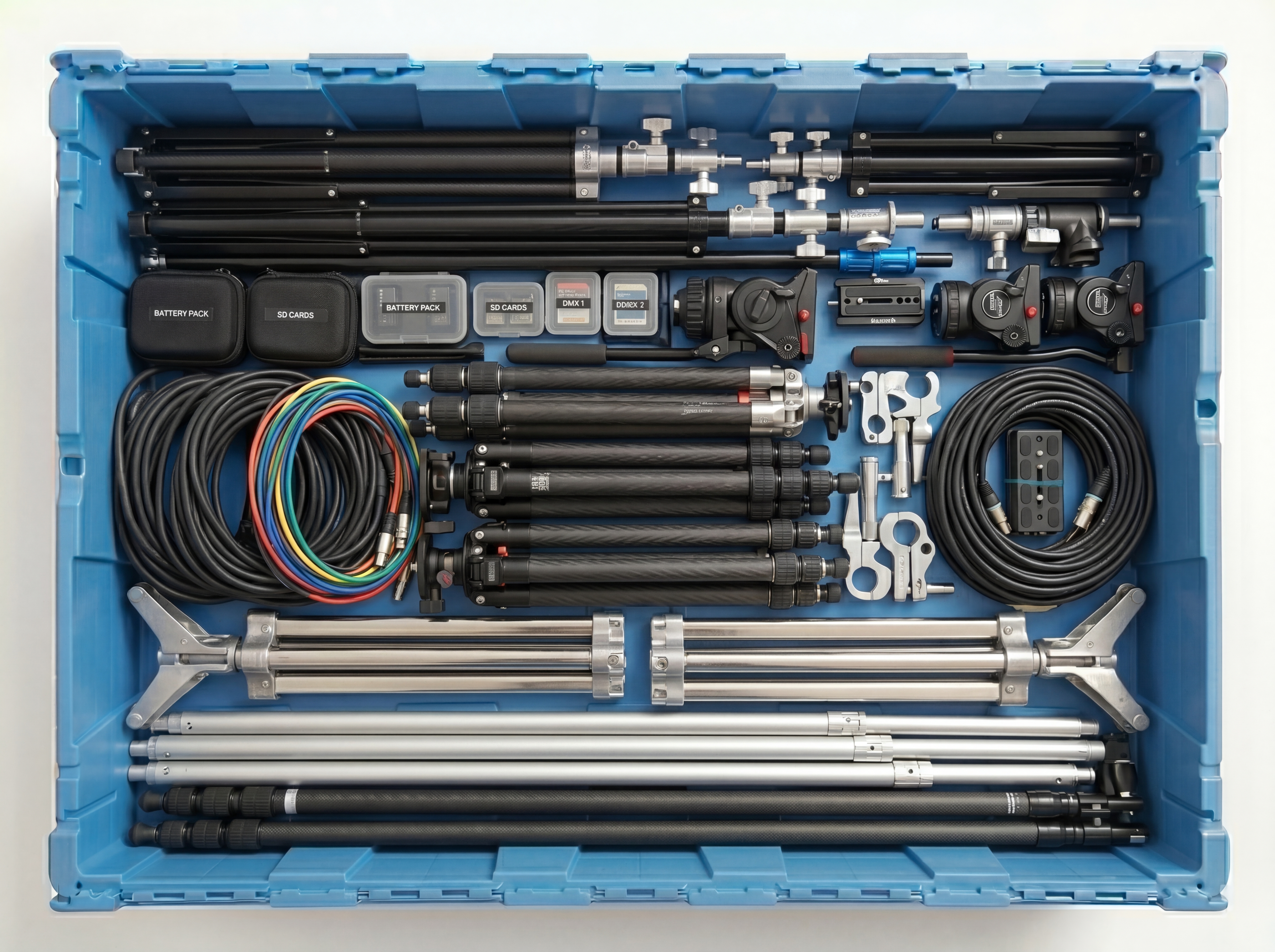 Filming accessories stored in a large Fort Lox box